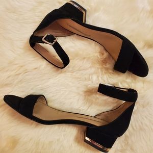 Talbots black suede, ankle-strap low-block heels